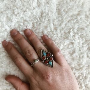 Turquoise, Red Coral and Sterling Silver Ring